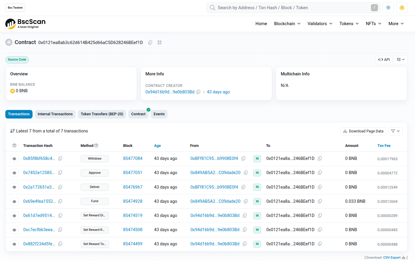 BSC smart contract overview showing escrow contract on BscScan